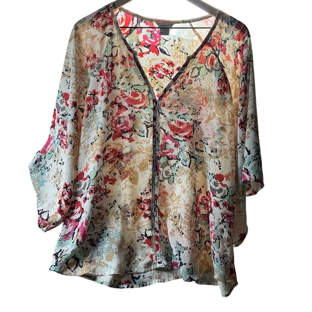 Women's Ariat Floral V-Neck Blouse | Lightweight Sheer Top - Size Large